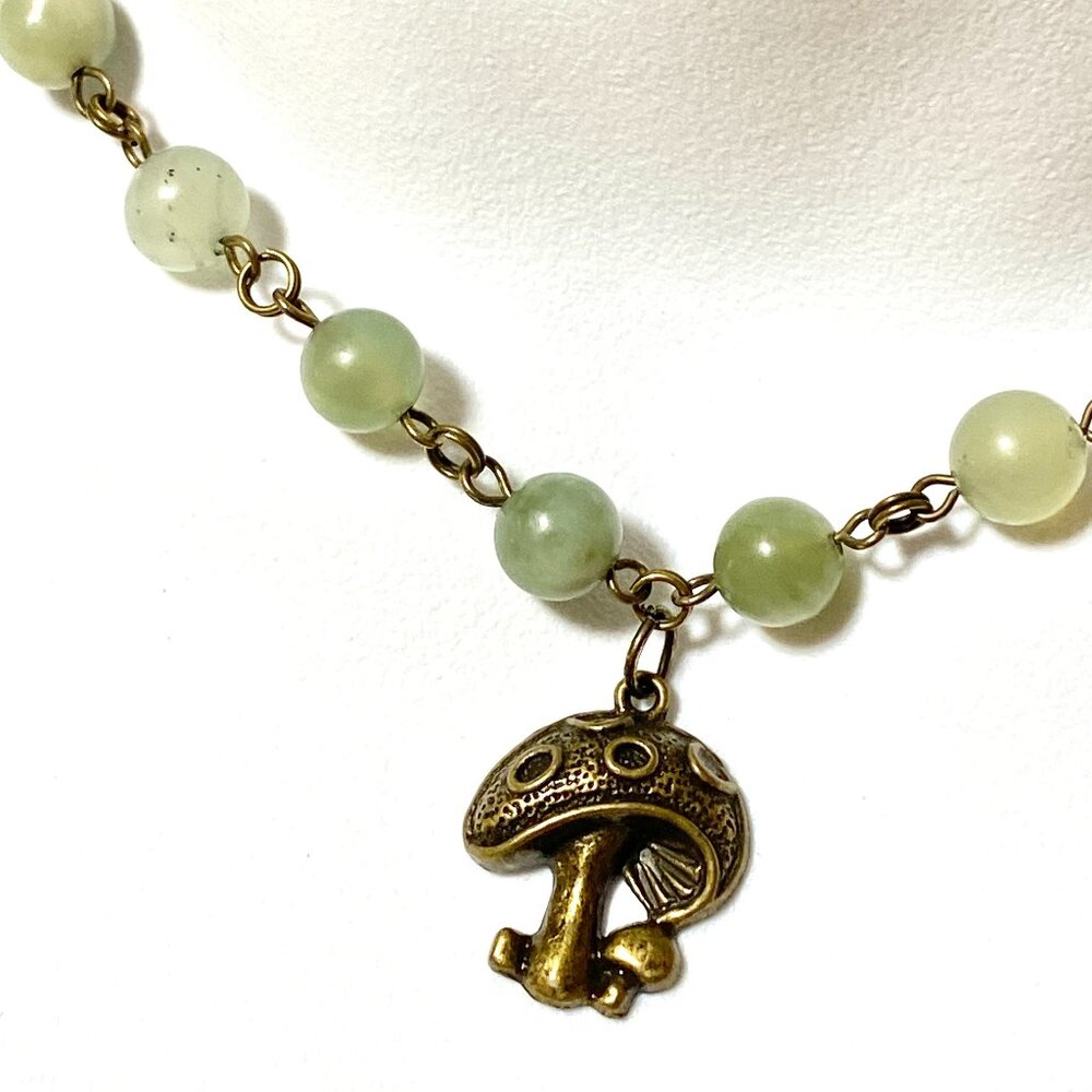 Natural Mint Green Serpentine Necklace, Bronze Round Mushroom+ Genuine Gemstone